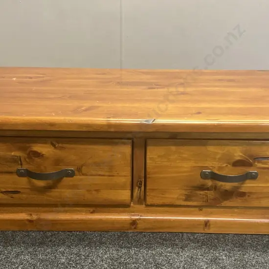 Pine Coffee Table, 2 Drawers With Access Both Sides, Steel Handles & Steel Straps On Corners. H40 W127 D70cm
